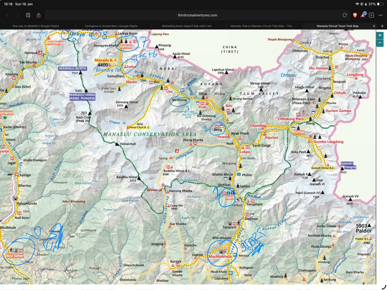 Manaslu Circuit Trek map showing villages, trails, and Himalayan peaks