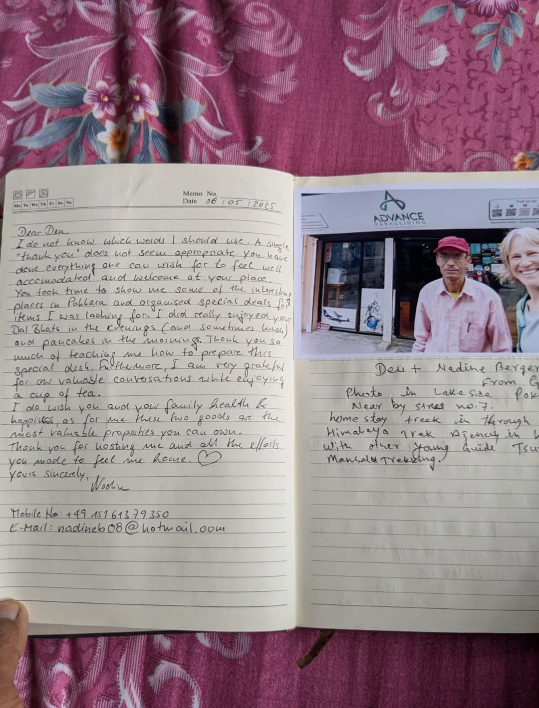 Handwritten guestbook review from Nadine Berger